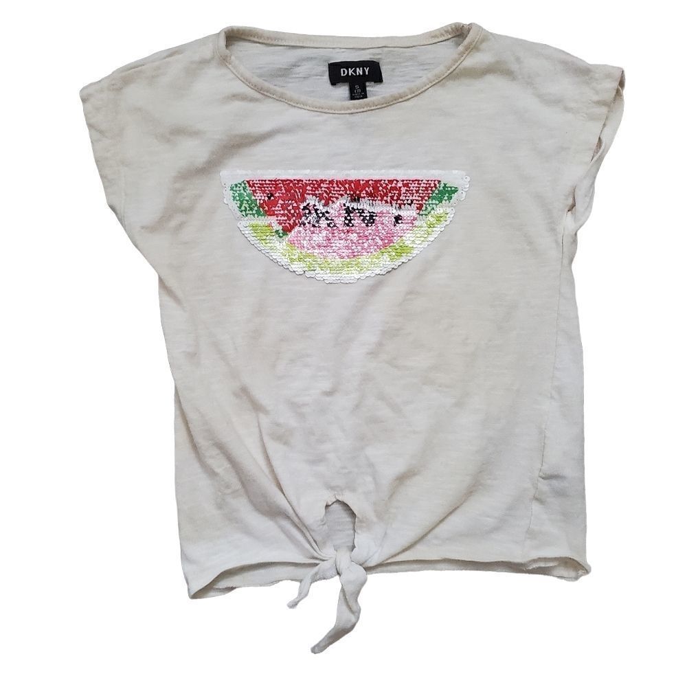 DKNY Girls White Front Knot Watermelon Flip Sequin Shirt - Size 7